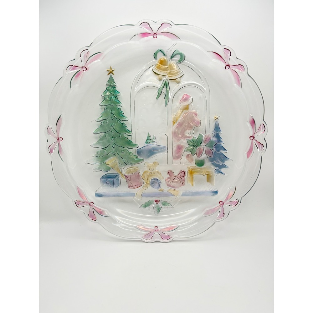 1992 Crystal Clear Studios Christmas Joy 14" Glass Rimmed Platter Colorful Scene
